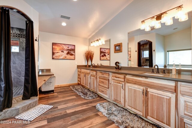 bathroom featuring vanity, wood-type flooring, and lofted ceiling