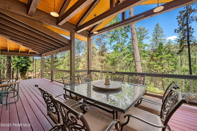 6231 S Champion Way Rd, Prescott, AZ 86303 - wooden terrace featuring outdoor dining space and view of wooded area