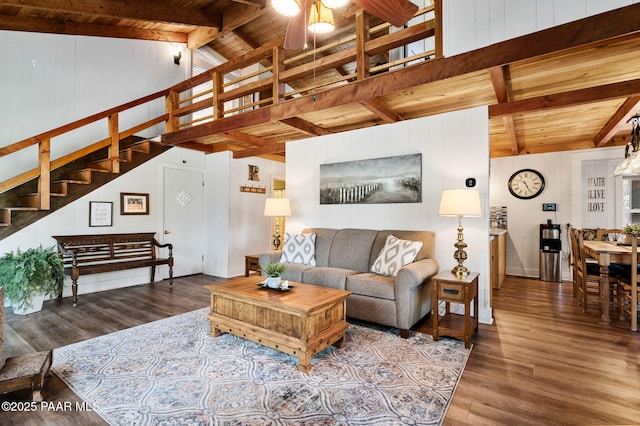 6231 S Champion Way Rd, Prescott, AZ 86303 - living room featuring wood ceiling, ceiling fan, stairway, wood finished floors, and wooden walls