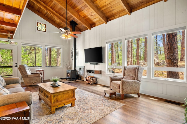 6231 S Champion Way Rd, Prescott, AZ 86303 - living area with a wood ceiling with exposed beams, wood finished floors, a wood stove, a ceiling fan, and high vaulted ceiling
