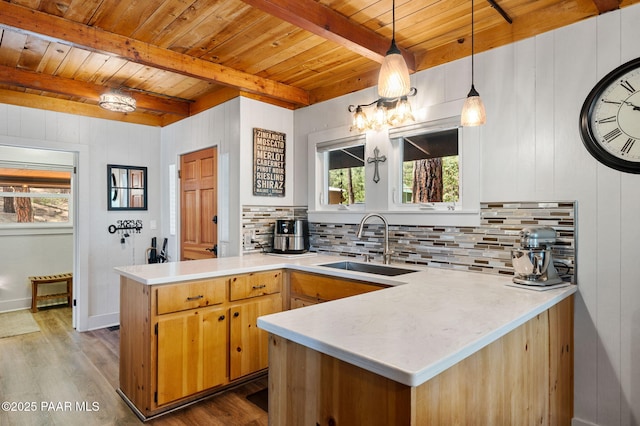 6231 S Champion Way Rd, Prescott, AZ 86303 - kitchen featuring a peninsula, wood finished floors, decorative backsplash, healthy amount of natural light, and a wood ceiling with exposed beams