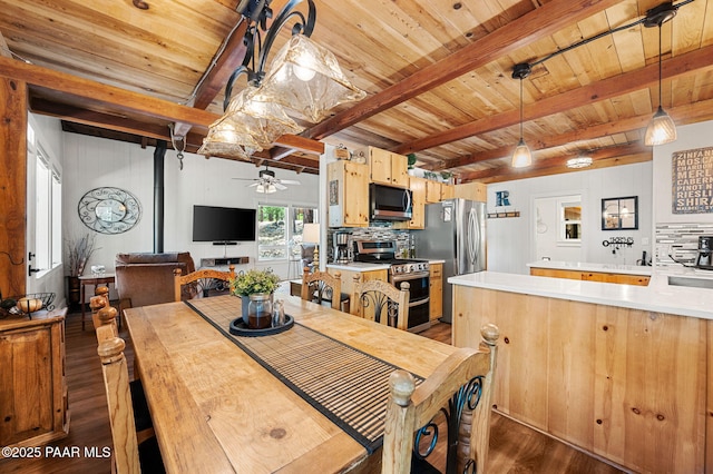 6231 S Champion Way Rd, Prescott, AZ 86303 - dining space featuring dark wood-type flooring, a wood ceiling with exposed beams, and ceiling fan