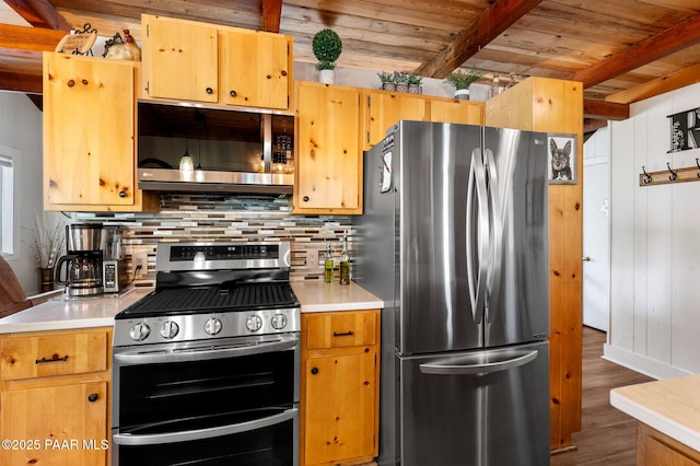 6231 S Champion Way Rd, Prescott, AZ 86303 - kitchen featuring stainless steel appliances, wood finished floors, tasteful backsplash, light countertops, and a wood ceiling with exposed beams