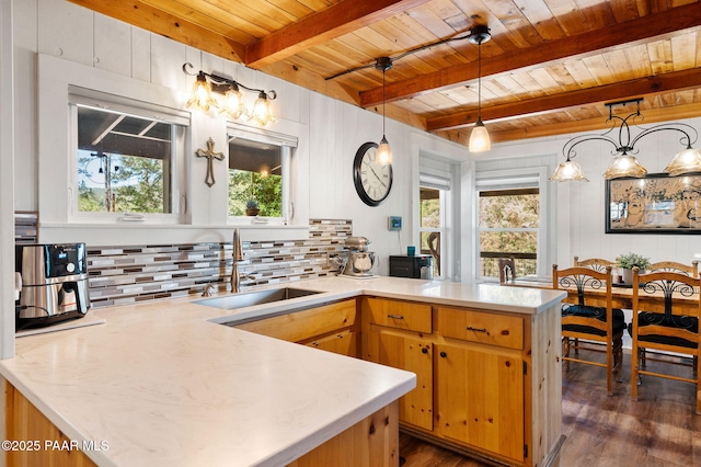 6231 S Champion Way Rd, Prescott, AZ 86303 - kitchen featuring a peninsula, a wood ceiling with exposed beams, dark wood-style floors, light countertops, and tasteful backsplash