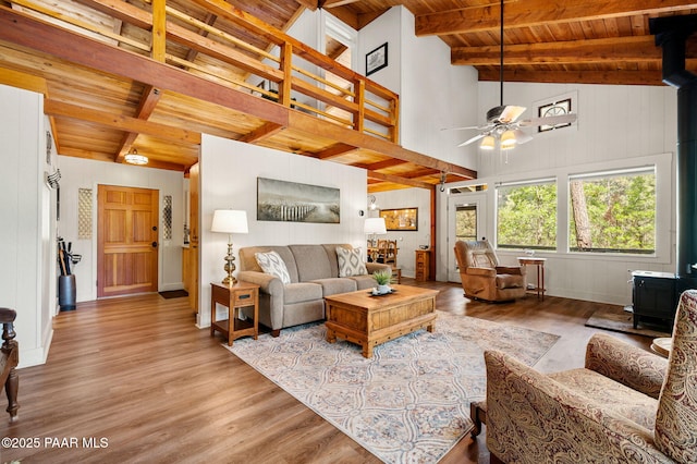 6231 S Champion Way Rd, Prescott, AZ 86303 - living area featuring a wood stove, a wood ceiling with exposed beams, wood finished floors, high vaulted ceiling, and ceiling fan
