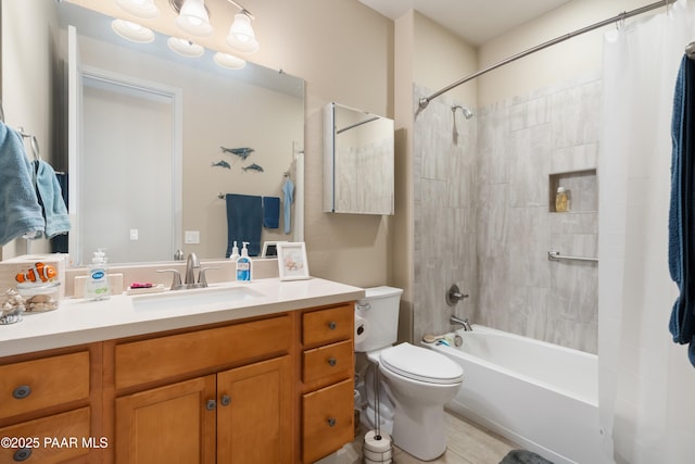 full bathroom with shower / tub combo, tile patterned flooring, vanity, and toilet