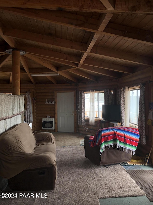 living room featuring carpet flooring, vaulted ceiling with beams, and wooden ceiling