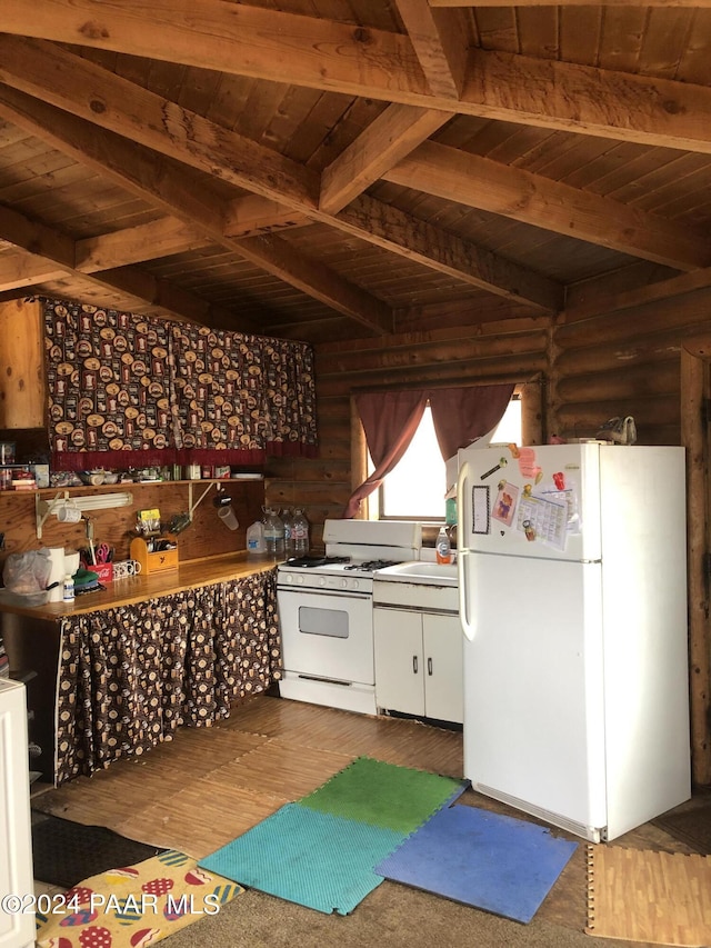 kitchen with hardwood / wood-style floors, wood ceiling, and white appliances