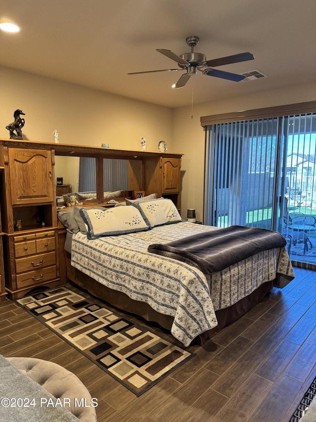 bedroom featuring ceiling fan and access to exterior