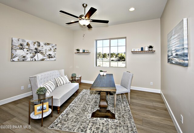 home office with baseboards, ceiling fan, recessed lighting, and dark wood-style floors