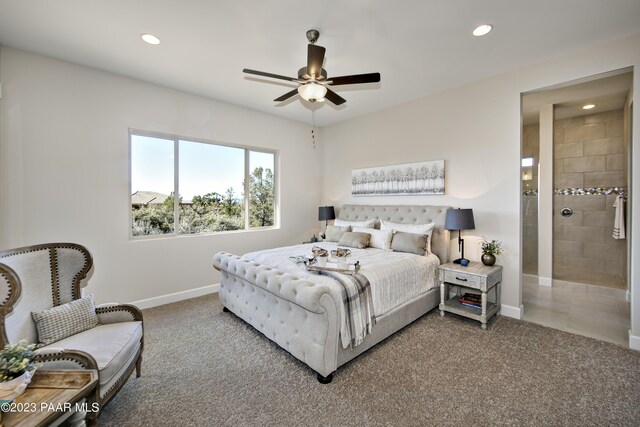 carpeted bedroom with baseboards, ceiling fan, and recessed lighting