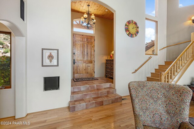 entrance foyer with plenty of natural light, a towering ceiling, and wood-type flooring