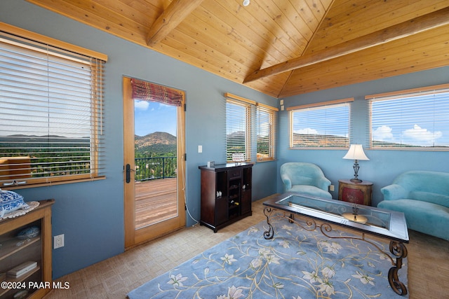 2253 Shadow Ridge Rd, Prescott, AZ 86305 - living area featuring plenty of natural light, wood ceiling, and a mountain view