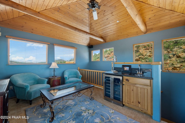 2253 Shadow Ridge Rd, Prescott, AZ 86305 - living area with wine cooler, wood ceiling, bar area, and ceiling fan