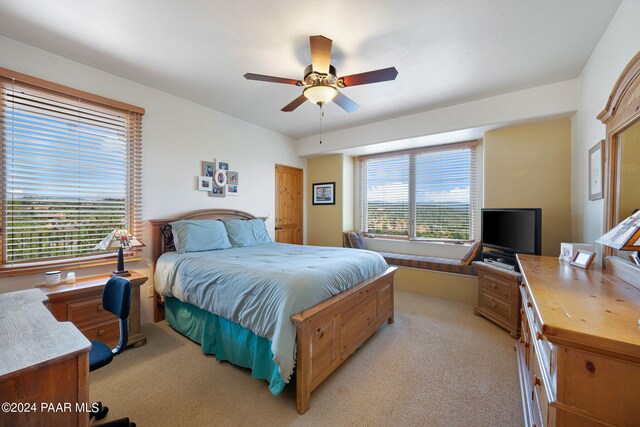 carpeted bedroom featuring ceiling fan and multiple windows