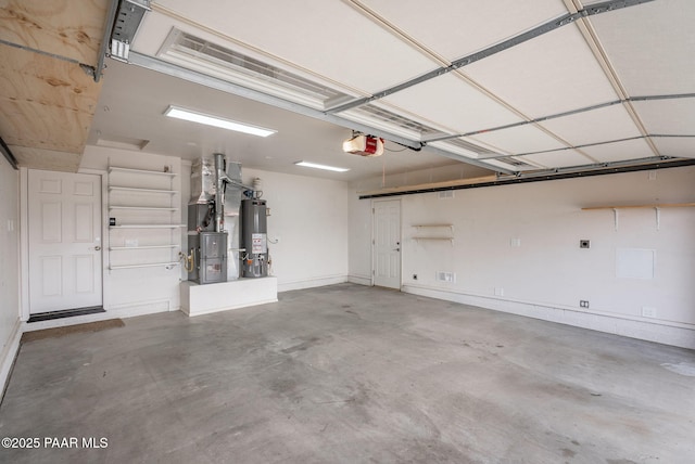 garage with heating unit, a garage door opener, and water heater