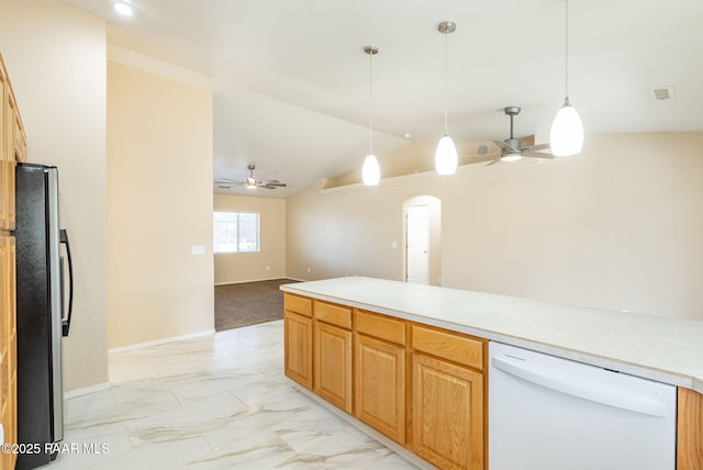 kitchen with ceiling fan, open floor plan, dishwasher, freestanding refrigerator, and marble finish floor