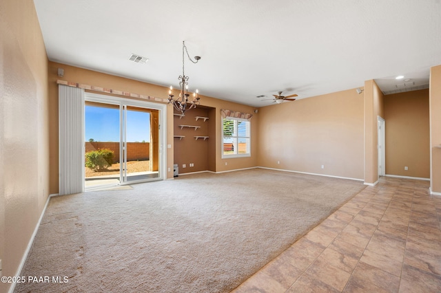 7876 N Siesta Sunset Ln, Prescott Valley, AZ 86315 - spare room featuring baseboards, ceiling fan with notable chandelier, carpet floors, and visible vents
