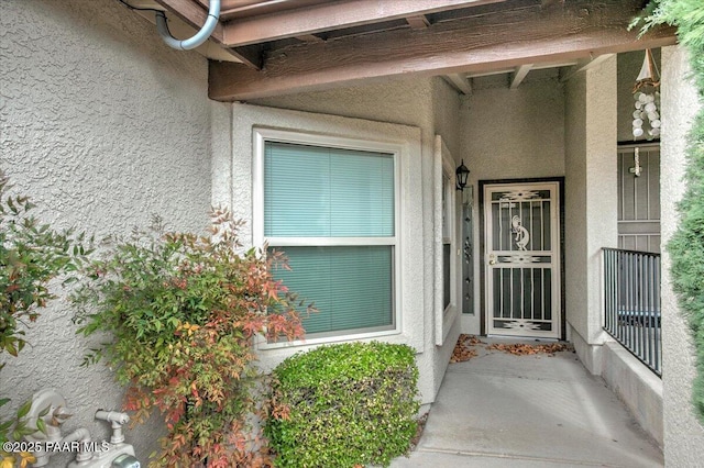 entrance to property featuring stucco siding