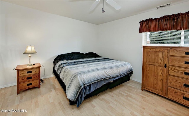 bedroom with visible vents, light wood-style flooring, and baseboards