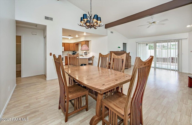 dining area with visible vents, baseboards, beam ceiling, light wood-style flooring, and ceiling fan with notable chandelier