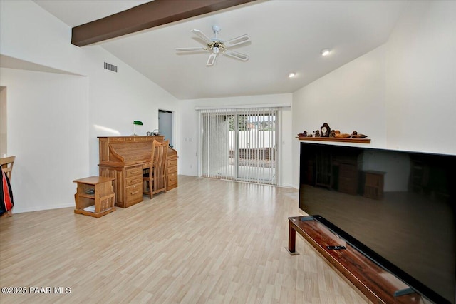 living room with visible vents, wood finished floors, ceiling fan, and vaulted ceiling with beams