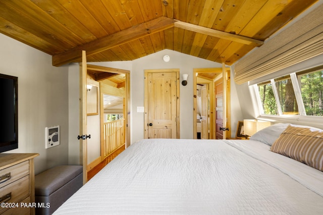 bedroom featuring lofted ceiling with beams and wooden ceiling