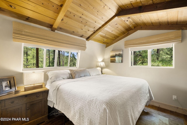 bedroom featuring dark wood finished floors, lofted ceiling with beams, multiple windows, and wood ceiling