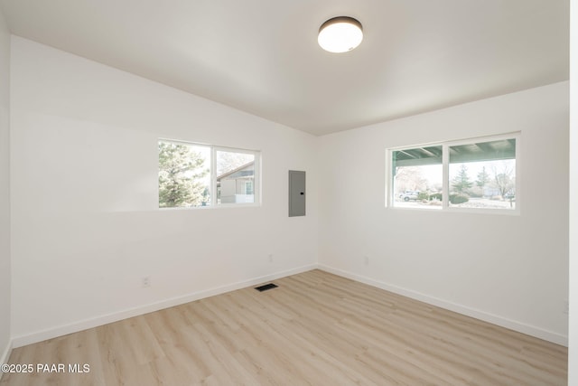 empty room with electric panel, a wealth of natural light, and light wood-type flooring