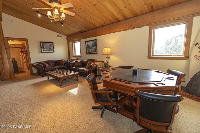 interior space with vaulted ceiling, wooden ceiling, and ceiling fan