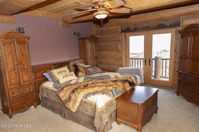 bedroom with wood ceiling, french doors, rustic walls, access to outside, and ceiling fan