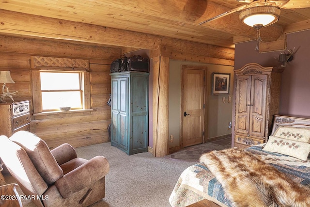 bedroom featuring ceiling fan, light carpet, wood ceiling, and rustic walls