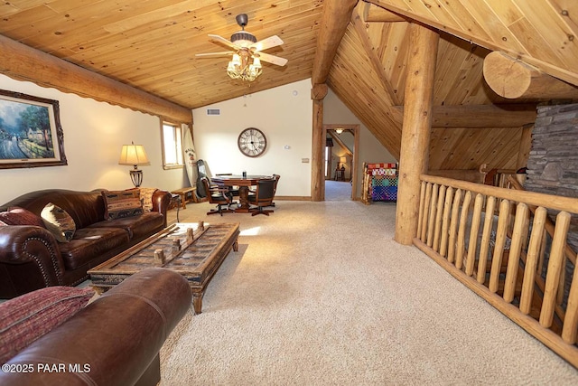 living room with ceiling fan, vaulted ceiling with beams, carpet, and wood ceiling