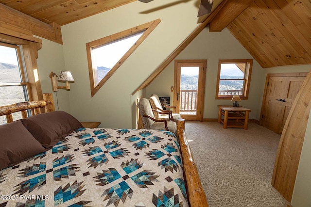 bedroom featuring wooden ceiling, carpet, and lofted ceiling with beams