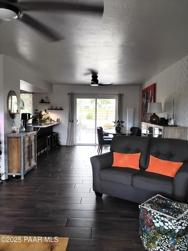 11040 Singletree Trl, Dewey-Humboldt, AZ 86327 - living area with a ceiling fan, dark wood-type flooring, and a textured ceiling