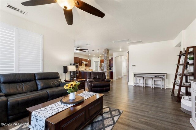6969 E Encampment Dr, Prescott Valley, AZ 86314 - living room featuring dark hardwood / wood-style floors and ceiling fan