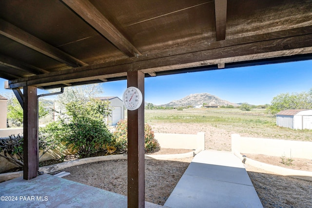 view of patio with a mountain view