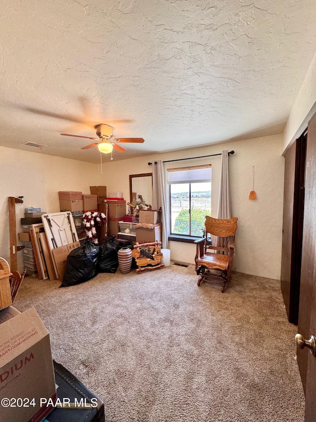 living area with carpet, ceiling fan, and a textured ceiling