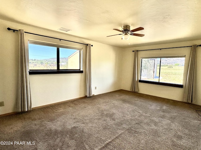 carpeted spare room featuring a textured ceiling, a wealth of natural light, and ceiling fan