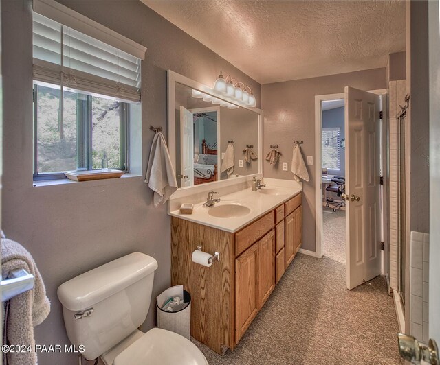 bathroom featuring vanity, a textured ceiling, and toilet