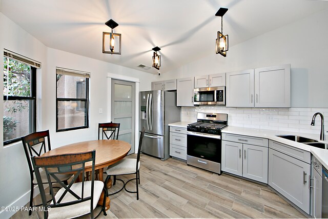2151 S Resort Way Unit 1C, Prescott, AZ 86301 - kitchen with backsplash, gray cabinetry, visible vents, stainless steel appliances, and a sink