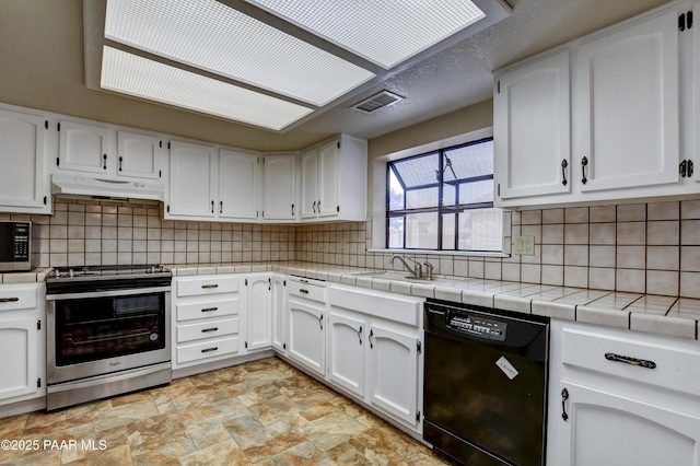 3718 N Navajo Dr, Prescott Valley, AZ 86314 - kitchen featuring visible vents, white cabinetry, stainless steel range with electric stovetop, dishwasher, and under cabinet range hood