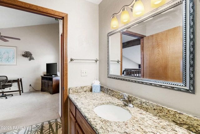 229 Creekside Cir Unit 15C, Prescott, AZ 86303 - bathroom featuring vanity, a ceiling fan, and lofted ceiling