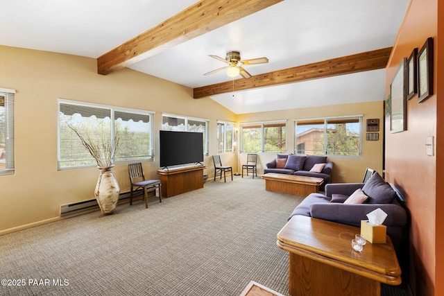 229 Creekside Cir Unit 15C, Prescott, AZ 86303 - living room with carpet flooring, a baseboard heating unit, ceiling fan, and baseboards