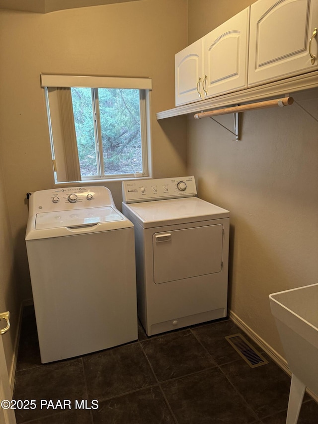 2508 N Leah Ln, Prescott, AZ 86301 - laundry area with cabinet space, independent washer and dryer, baseboards, dark tile patterned flooring, and visible vents