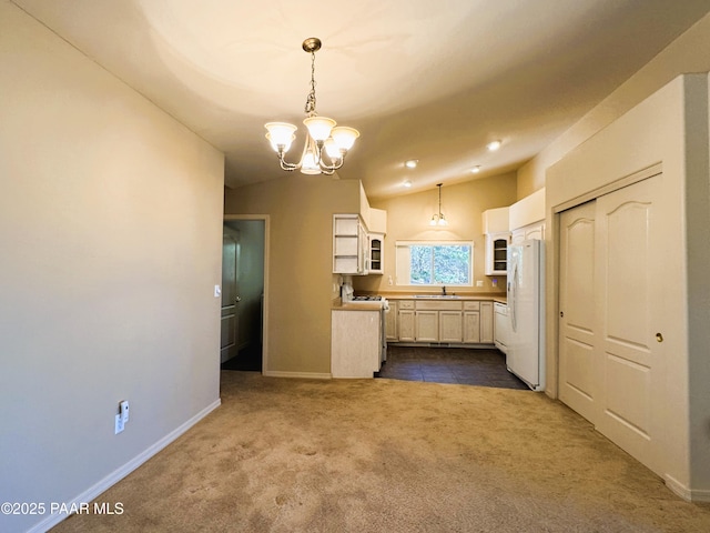 2508 N Leah Ln, Prescott, AZ 86301 - kitchen featuring a sink, a notable chandelier, glass insert cabinets, white appliances, and dark carpet