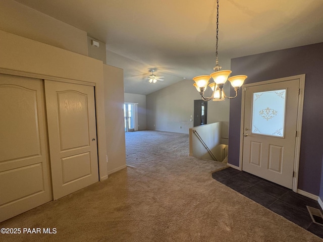 2508 N Leah Ln, Prescott, AZ 86301 - carpeted entryway with baseboards, ceiling fan with notable chandelier, and vaulted ceiling