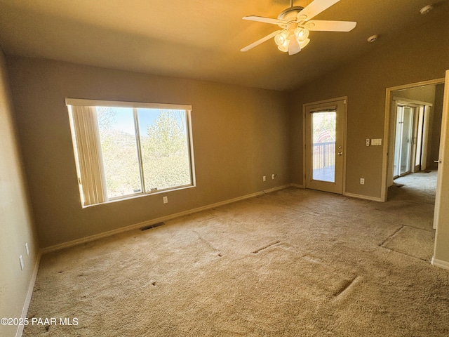 2508 N Leah Ln, Prescott, AZ 86301 - unfurnished room with visible vents, a ceiling fan, lofted ceiling, baseboards, and carpet flooring