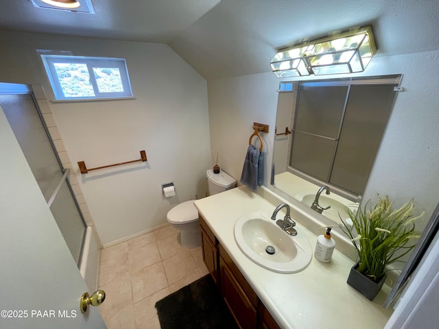 14600 E Eagle Dr, Dewey-Humboldt, AZ 86327 - bathroom featuring toilet, vanity, lofted ceiling, and tile patterned flooring