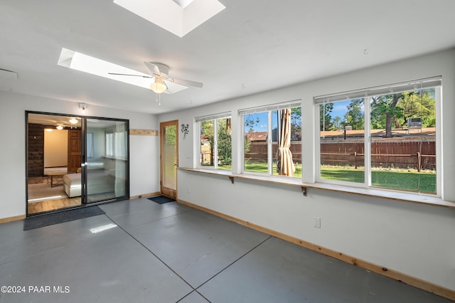 interior space with a skylight and ceiling fan